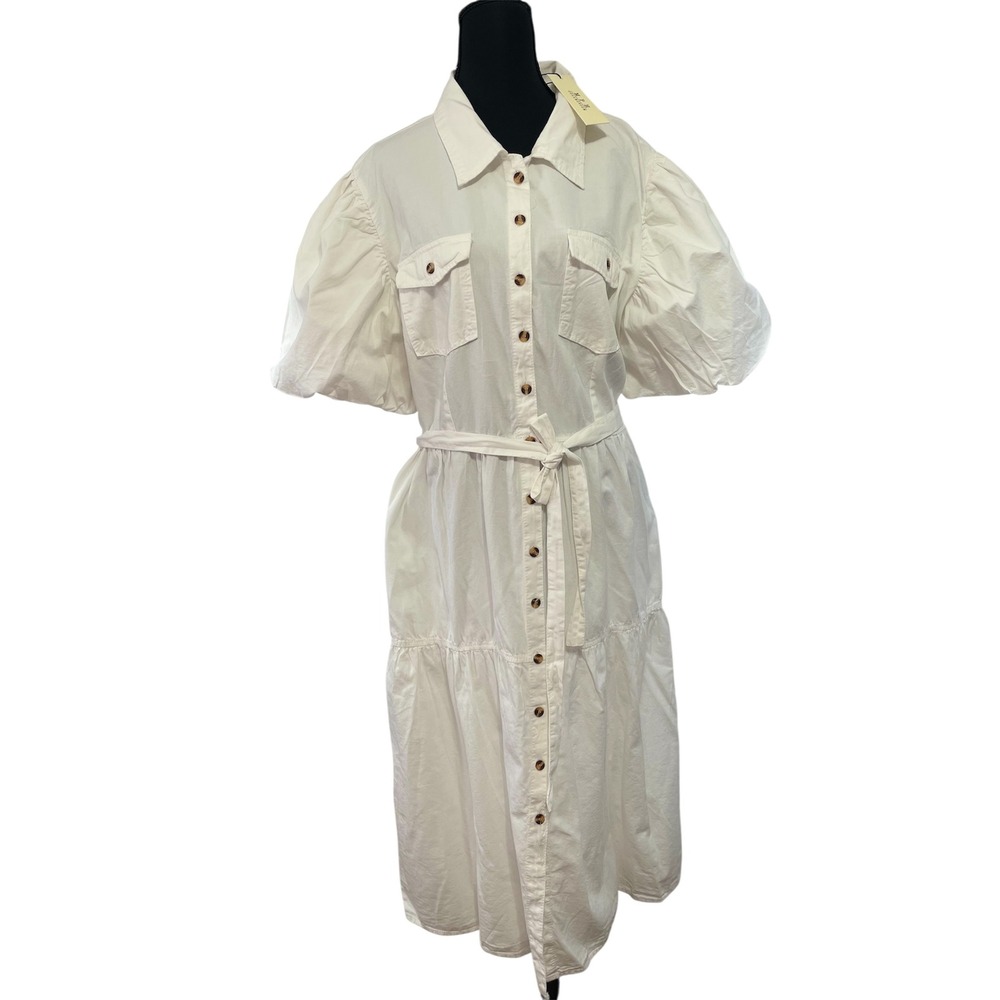MPH Collection White Cotton Puff Sleeve Belted Tiered Midi Shirt Dress Plus 2X‎